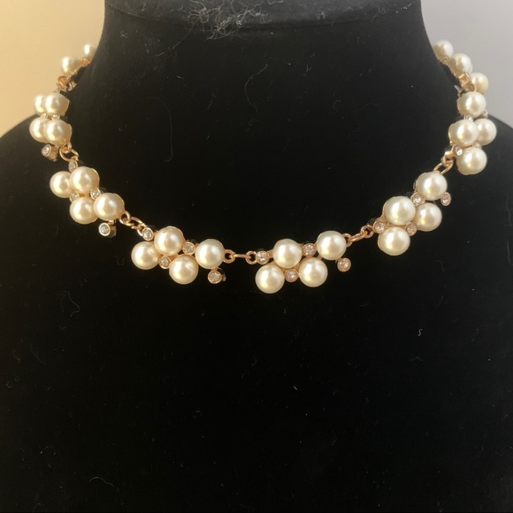 Simulated Pearl Gold Tone and Rhinestone Necklace